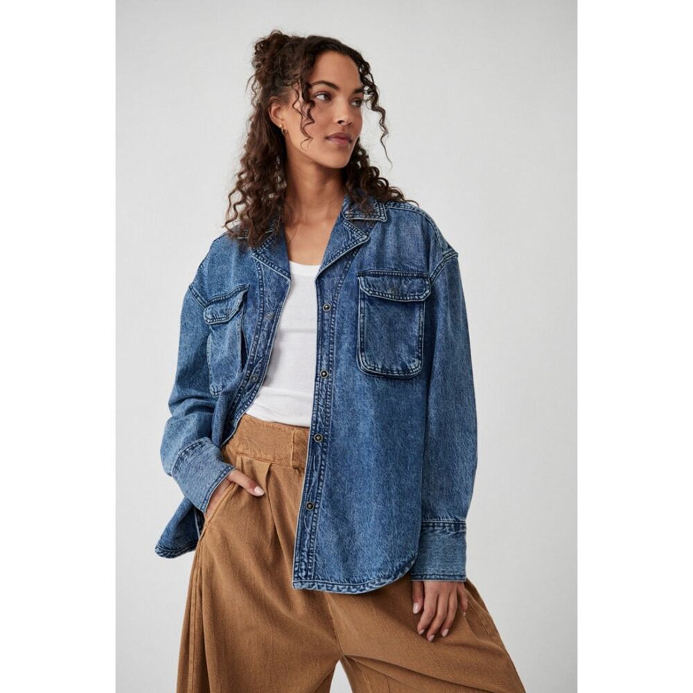 Free People We The Free Izzie Cargo Denim Shirt Jacket Shacket Indigo Blue XS